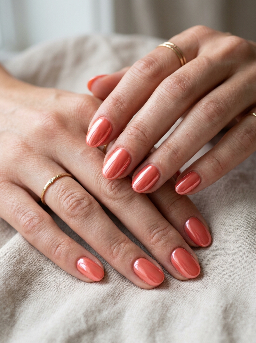 Short Coral Chrome Nails